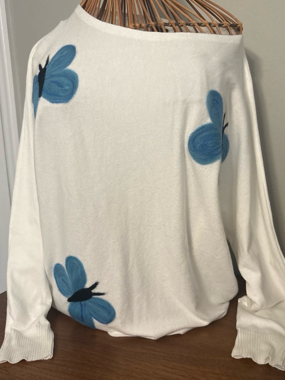 Blue Butterfly Accent White Women's Slightly Off Shoulder Sweater Large